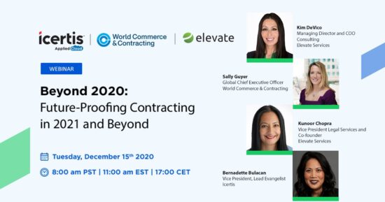 Banner of a Webinar on Future-Proofing Contracting co-powered by Elevate, Icertis and World Commerce & Contracting