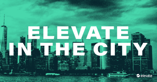 Elevate in the City banner with white text over green background, NYC skyline, and elevate logo