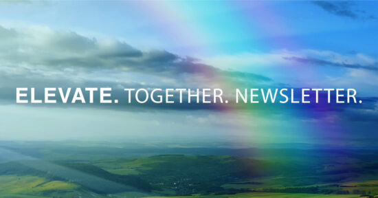 blue sky with clouds and rainbow for elevate. together. podcast.