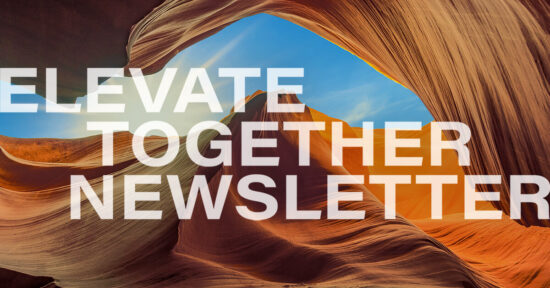 orange terrain up and down, sky in between. social banner for Elevate January 2024 newsletter
